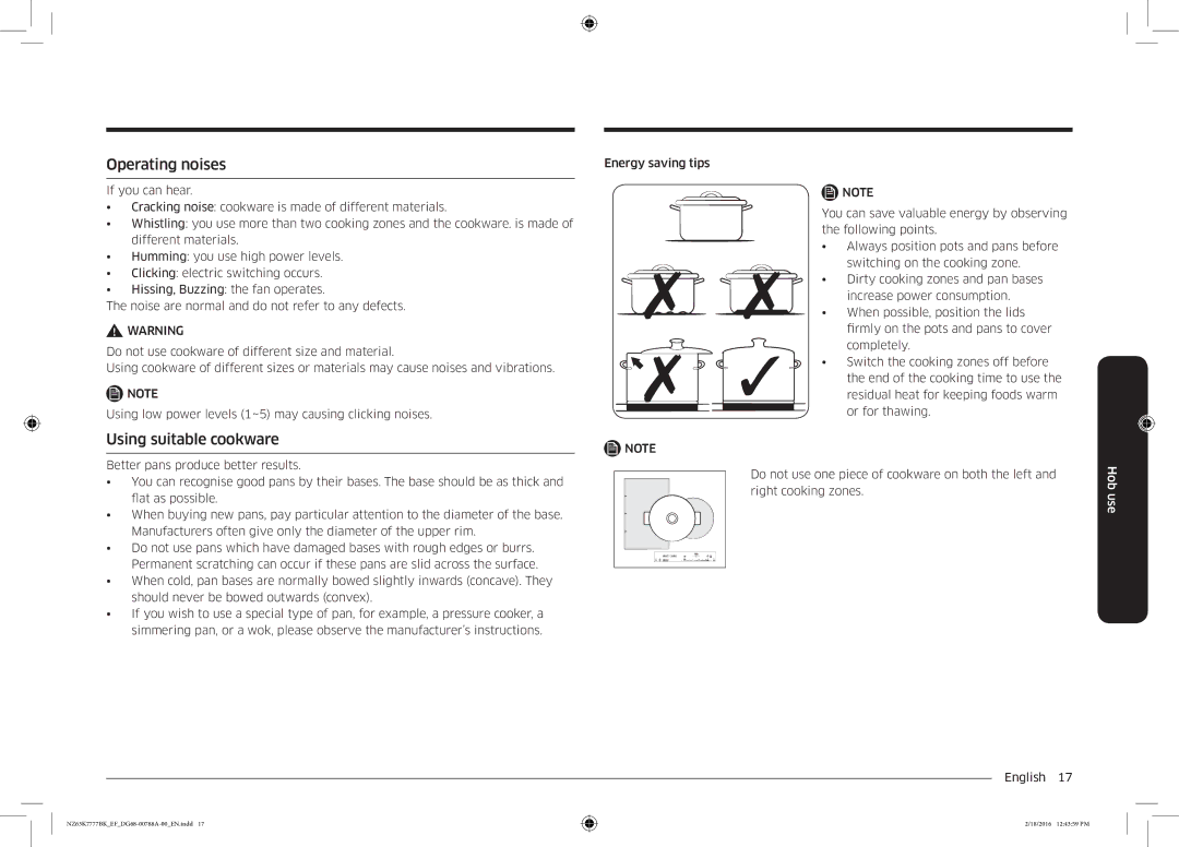 Samsung NZ63K7777BK/EF manual Operating noises, Using suitable cookware 