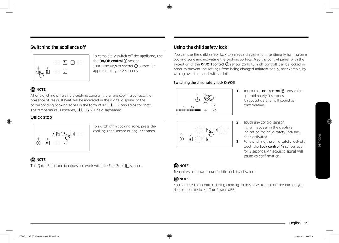 Samsung NZ63K7777BK/EF manual Switching the appliance off, Quick stop, Using the child safety lock 