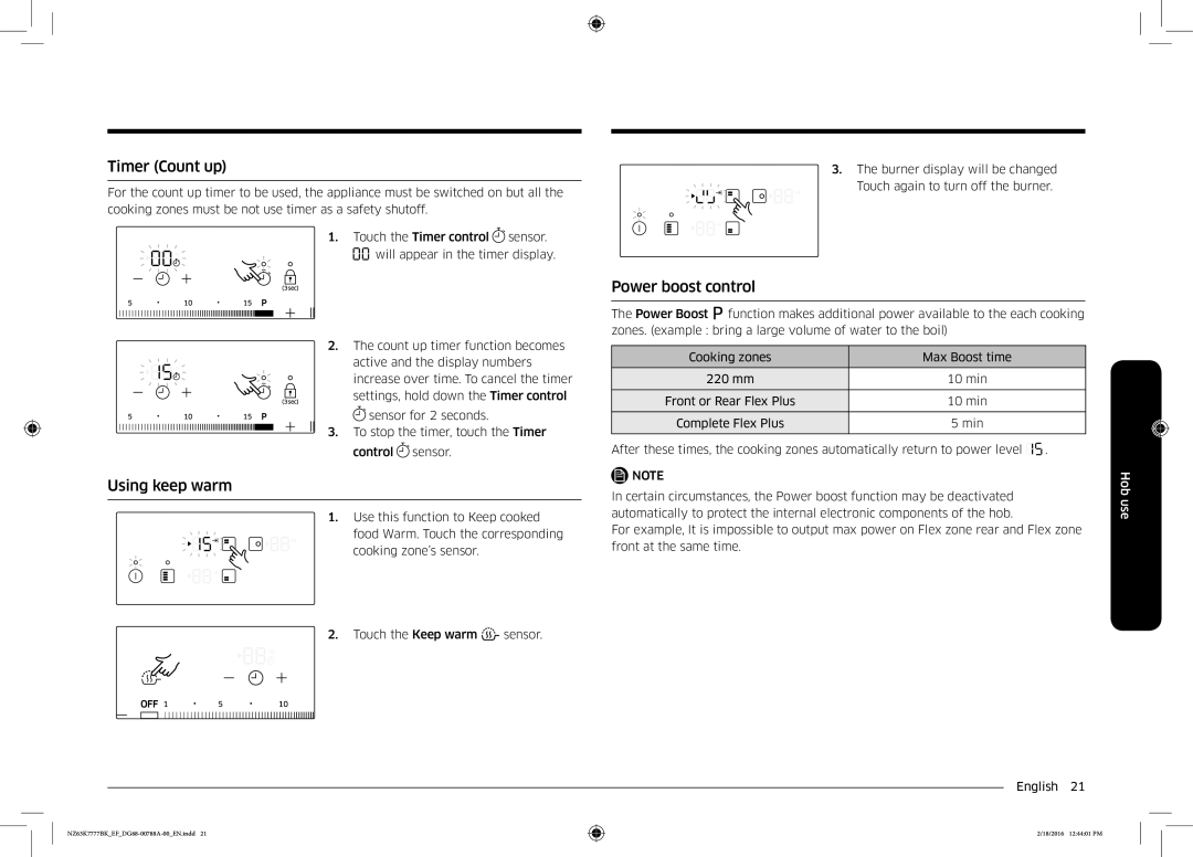 Samsung NZ63K7777BK/EF manual Timer Count up, Using keep warm, Power boost control 