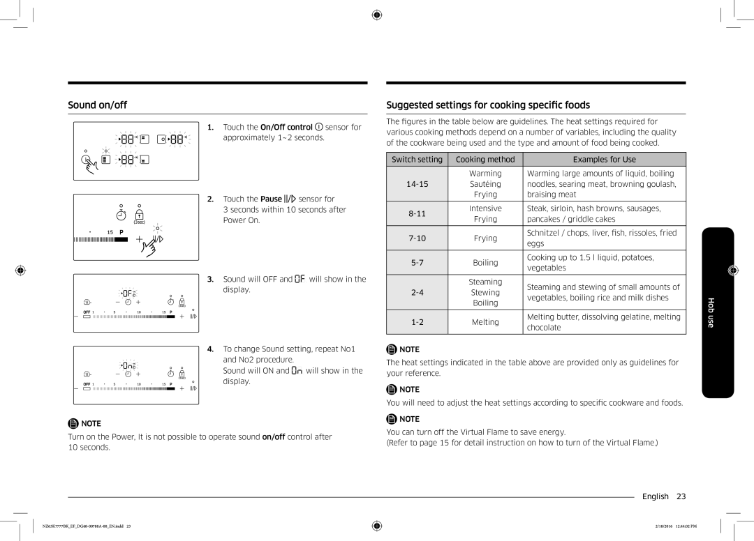 Samsung NZ63K7777BK/EF manual Sound on/off, Suggested settings for cooking specific foods 