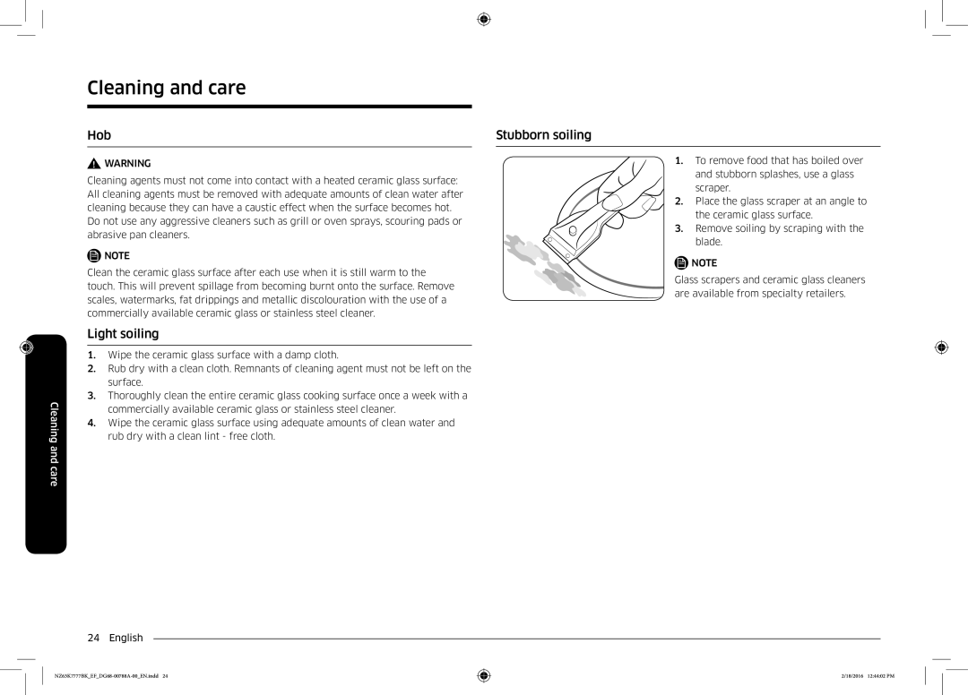 Samsung NZ63K7777BK/EF manual Cleaning and care, Hob Stubborn soiling, Light soiling 