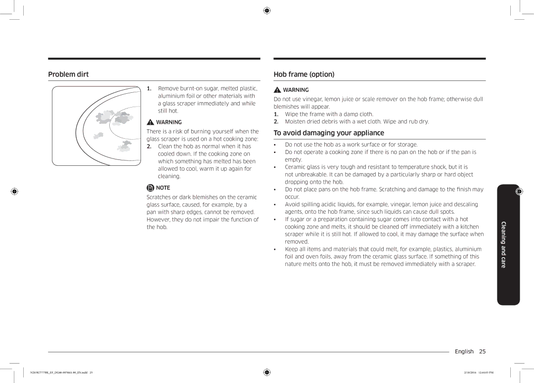 Samsung NZ63K7777BK/EF manual Problem dirt, Hob frame option, To avoid damaging your appliance 