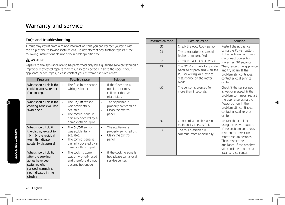 Samsung NZ63K7777BK/EF manual Warranty and service, FAQs and troubleshooting 