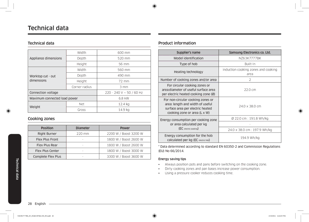 Samsung NZ63K7777BK/EF manual Technical data, Product information 