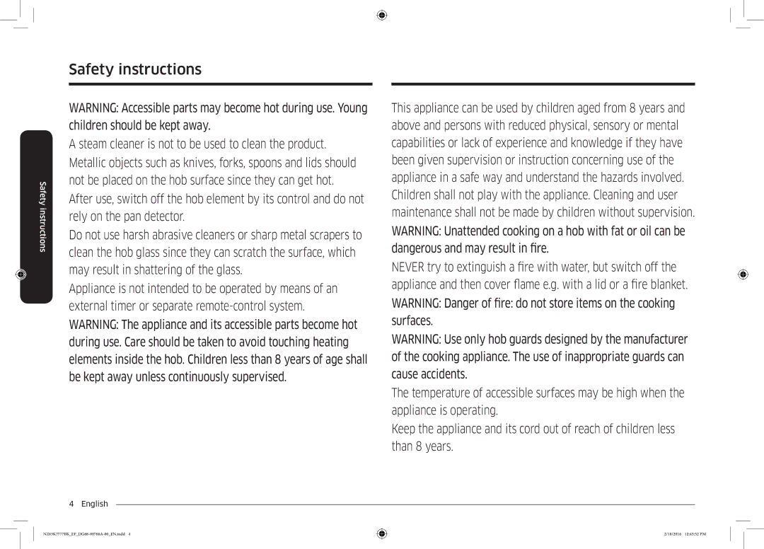 Samsung NZ63K7777BK/EF manual Safety instructions 