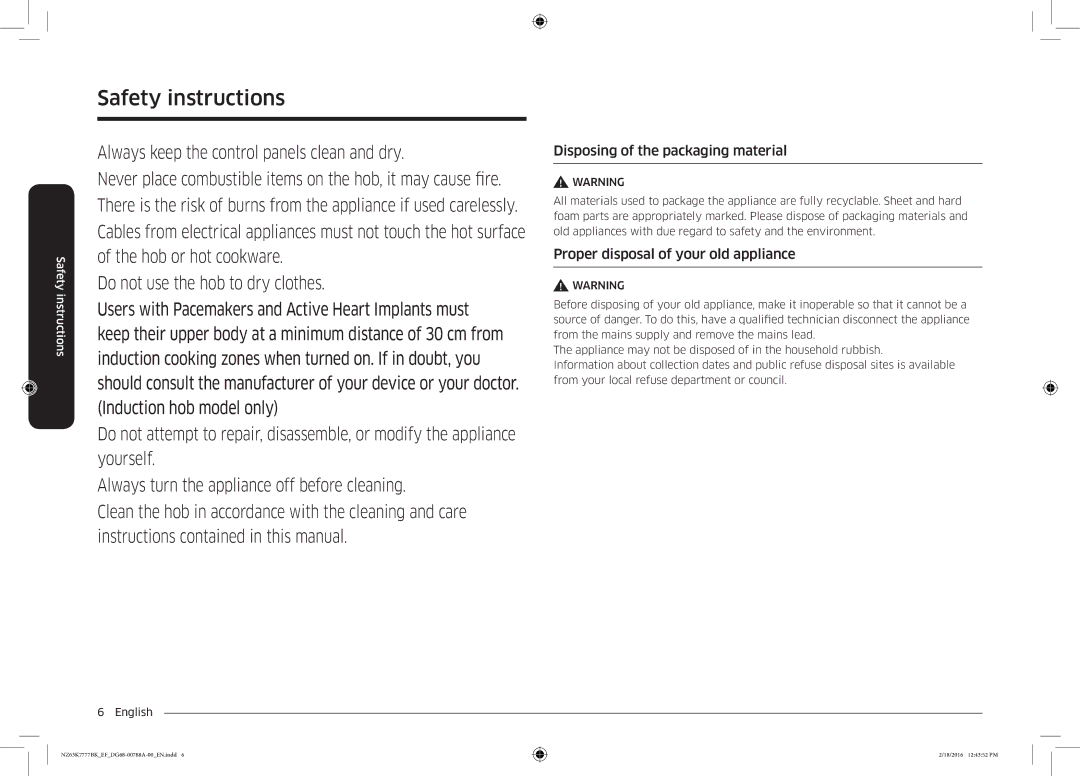 Samsung NZ63K7777BK/EF manual Disposing of the packaging material, Proper disposal of your old appliance 