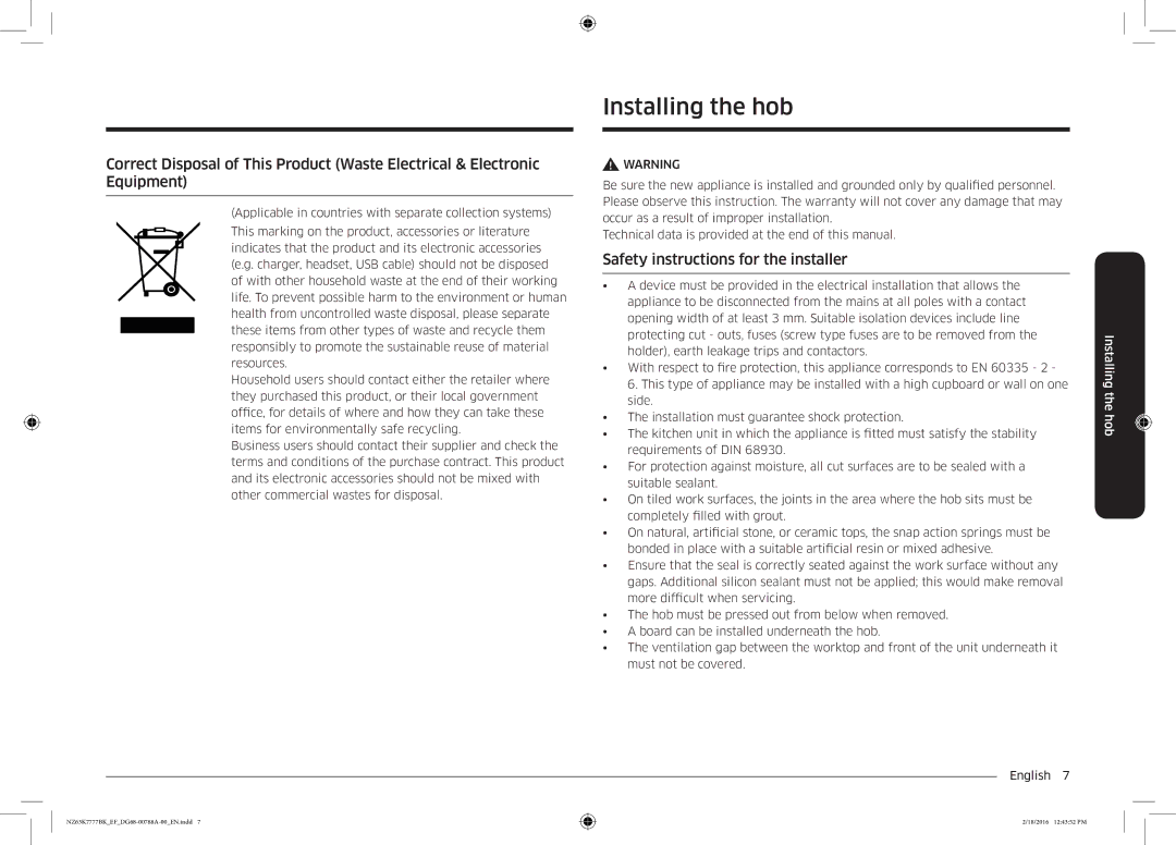 Samsung NZ63K7777BK/EF manual Installing the hob, Safety instructions for the installer 