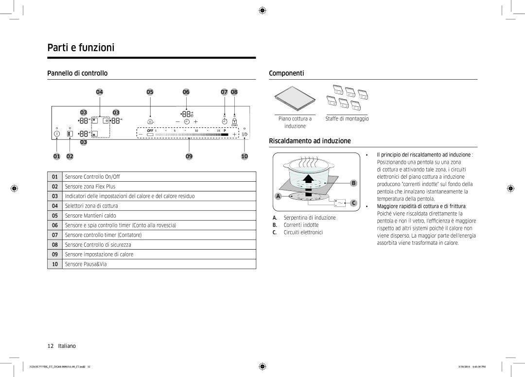 Samsung NZ63K7777BK/ET manual Pannello di controllo, Componenti, Riscaldamento ad induzione 