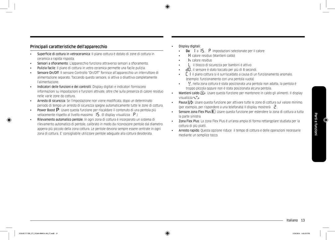 Samsung NZ63K7777BK/ET manual Principali caratteristiche dellapparecchio 