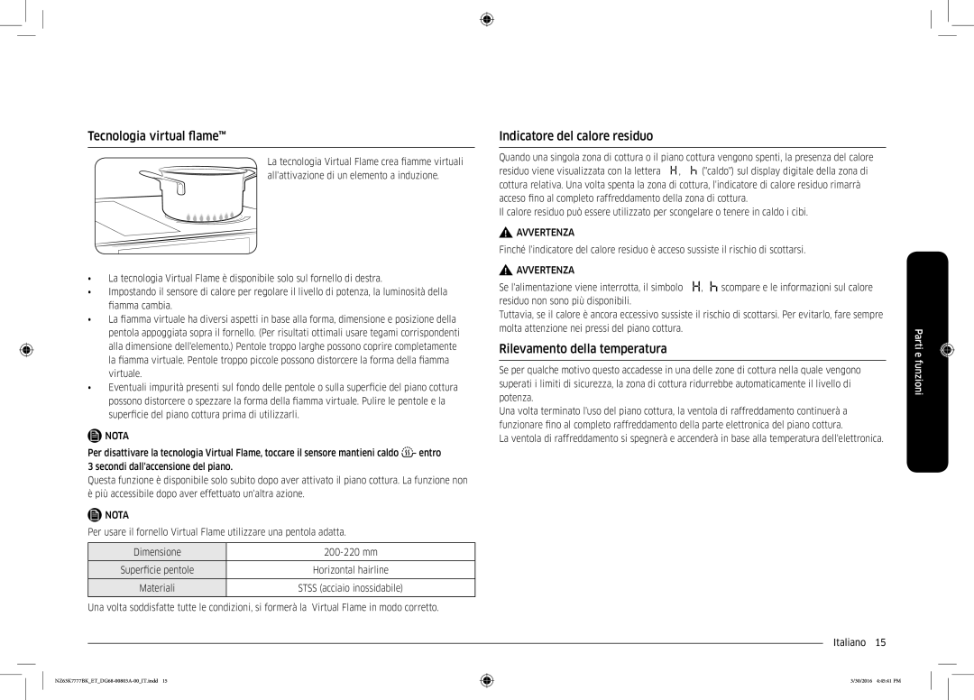 Samsung NZ63K7777BK/ET manual Tecnologia virtual flame, Indicatore del calore residuo, Rilevamento della temperatura 