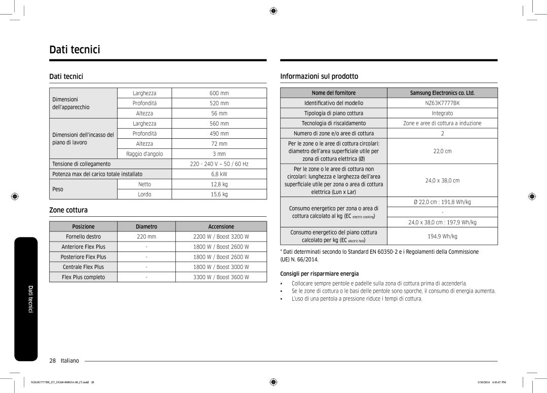 Samsung NZ63K7777BK/ET manual Dati tecnici, Zone cottura, Informazioni sul prodotto 