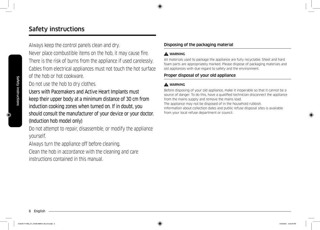 Samsung NZ63K7777BK/ET manual Disposing of the packaging material, Proper disposal of your old appliance 