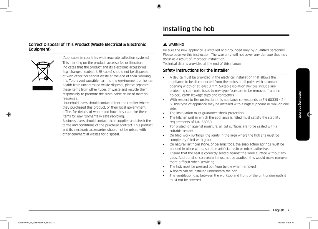 Samsung NZ63K7777BK/ET manual Installing the hob, Safety instructions for the installer 