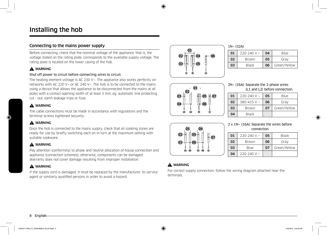 Samsung NZ63K7777BK/ET manual Connecting to the mains power supply 