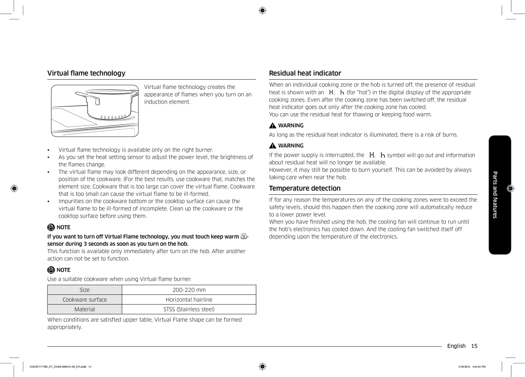 Samsung NZ63K7777BK/ET manual Virtual flame technology, Residual heat indicator, Temperature detection 