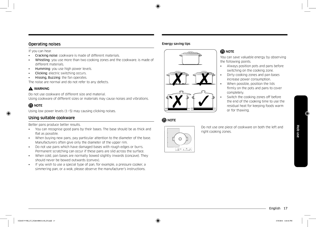 Samsung NZ63K7777BK/ET manual Operating noises, Using suitable cookware 