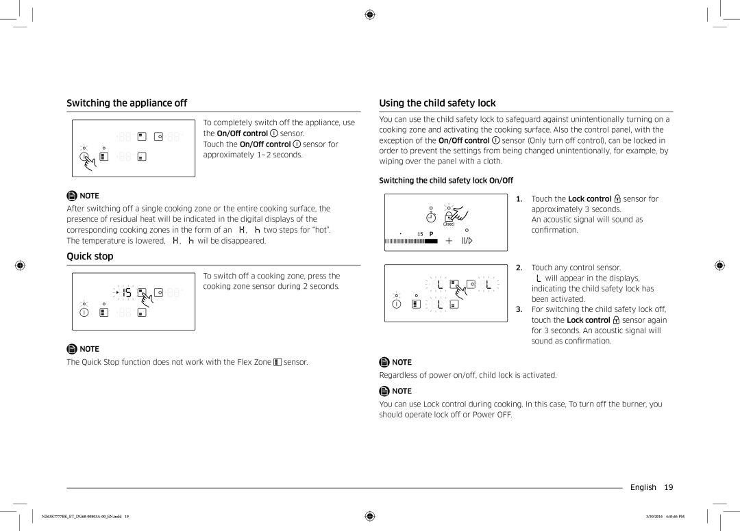 Samsung NZ63K7777BK/ET manual Switching the appliance off, Quick stop, Using the child safety lock 