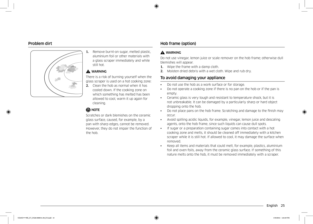 Samsung NZ63K7777BK/ET manual Problem dirt, Hob frame option, To avoid damaging your appliance 