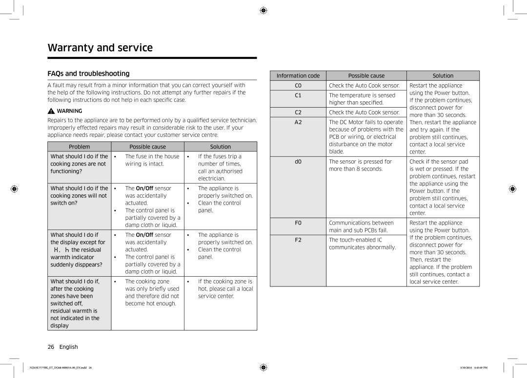 Samsung NZ63K7777BK/ET manual Warranty and service, FAQs and troubleshooting 