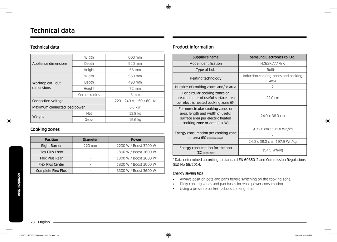 Samsung NZ63K7777BK/ET manual Technical data, Product information 