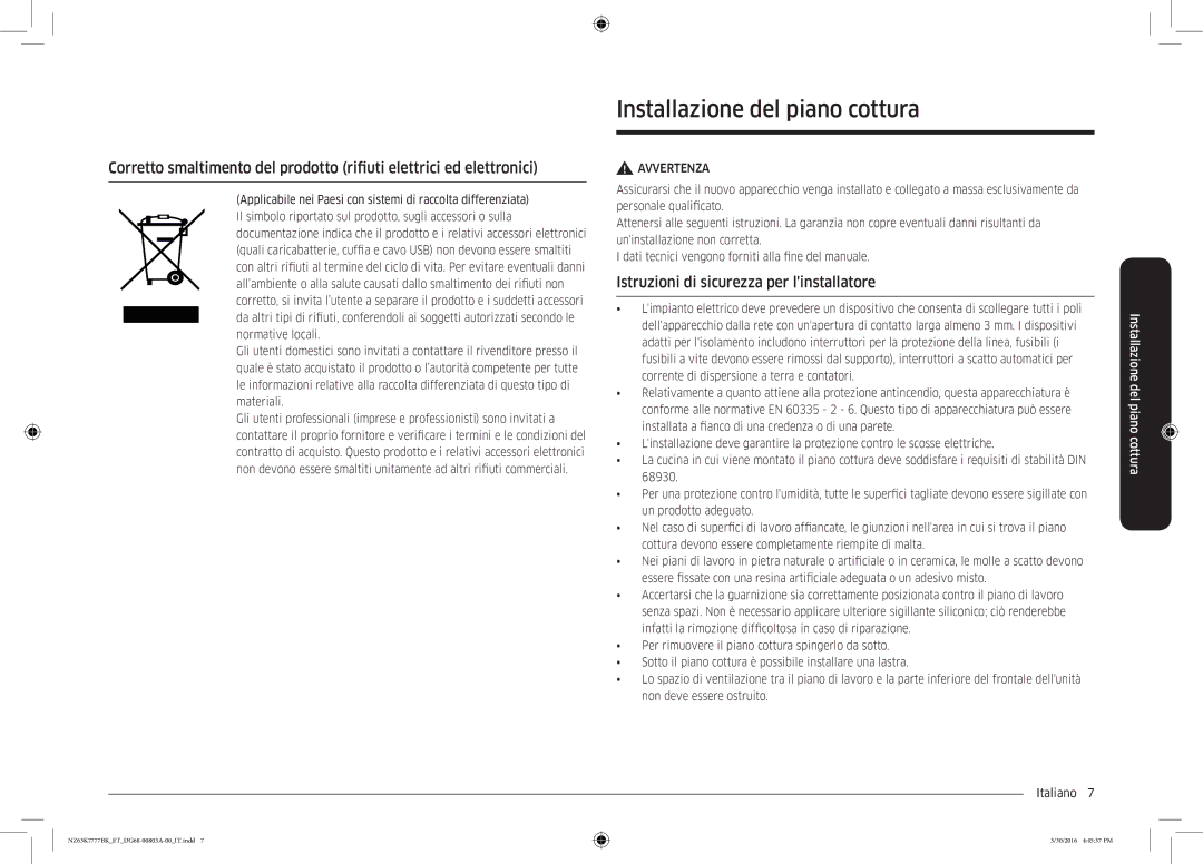 Samsung NZ63K7777BK/ET manual Installazione del piano cottura, Istruzioni di sicurezza per linstallatore 