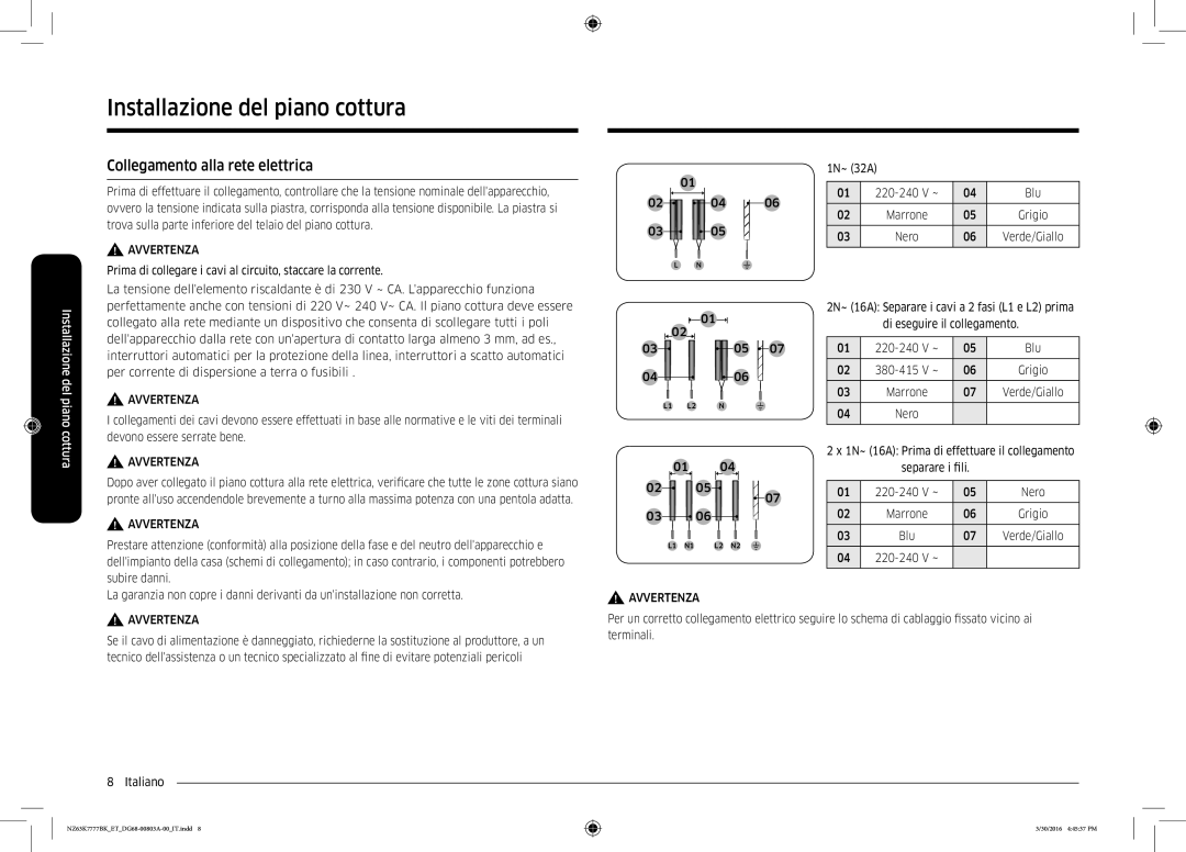 Samsung NZ63K7777BK/ET manual Collegamento alla rete elettrica 