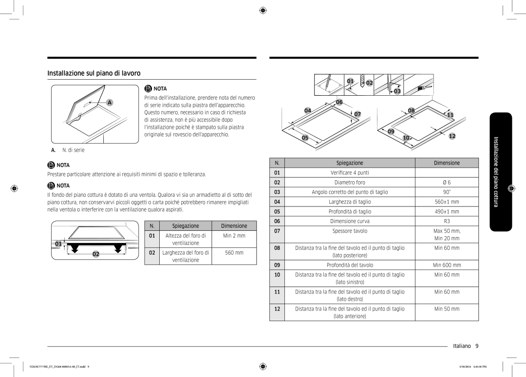 Samsung NZ63K7777BK/ET manual Installazione sul piano di lavoro, Di serie 