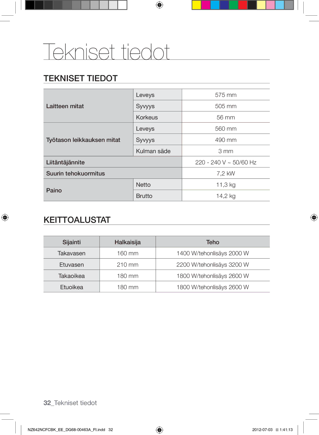 Samsung NZ642NCFCBK/EE manual Tekniset Tiedot, Keittoalustat, 32Tekniset tiedot 