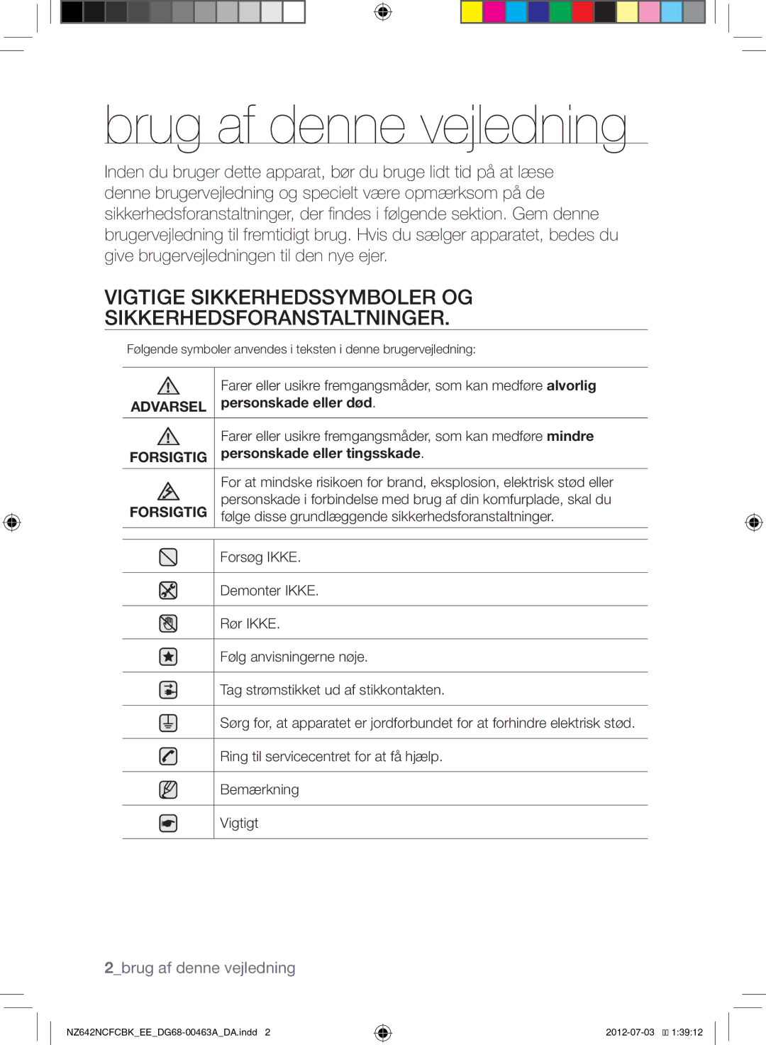 Samsung NZ642NCFCBK/EE manual Brug af denne vejledning, Vigtige Sikkerhedssymboler OG Sikkerhedsforanstaltninger 