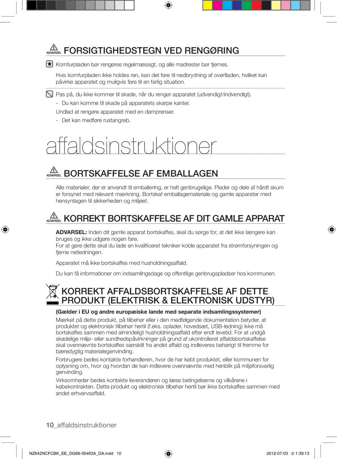 Samsung NZ642NCFCBK/EE manual Affaldsinstruktioner, 10affaldsinstruktioner 