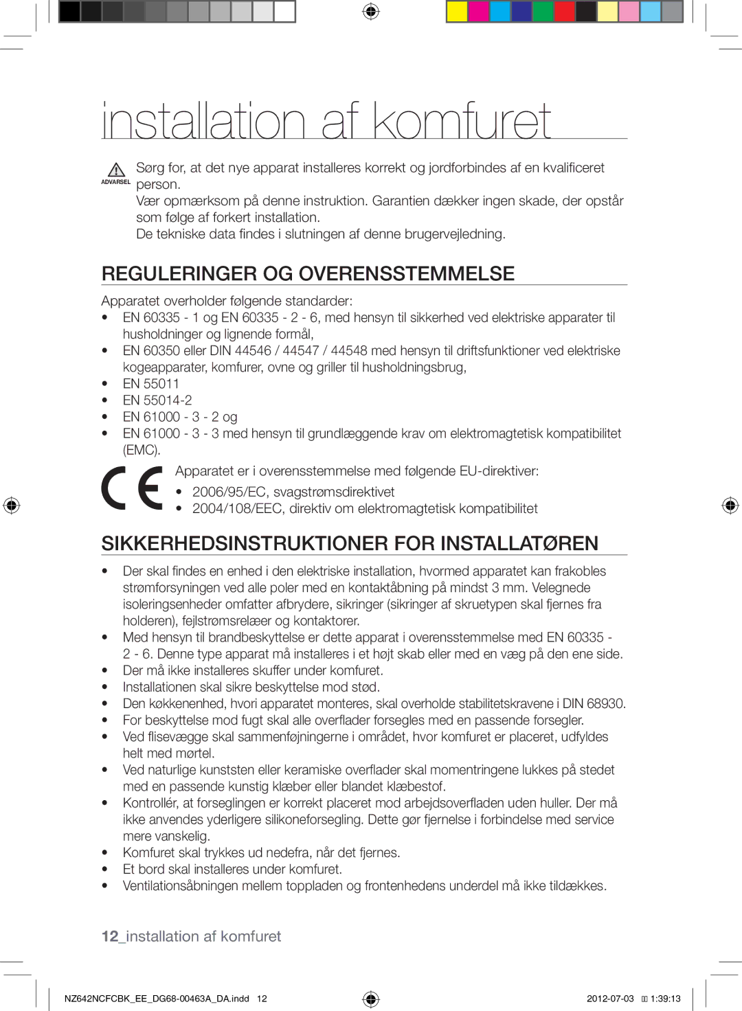 Samsung NZ642NCFCBK/EE manual Installation af komfuret, Reguleringer OG Overensstemmelse, 12installation af komfuret 