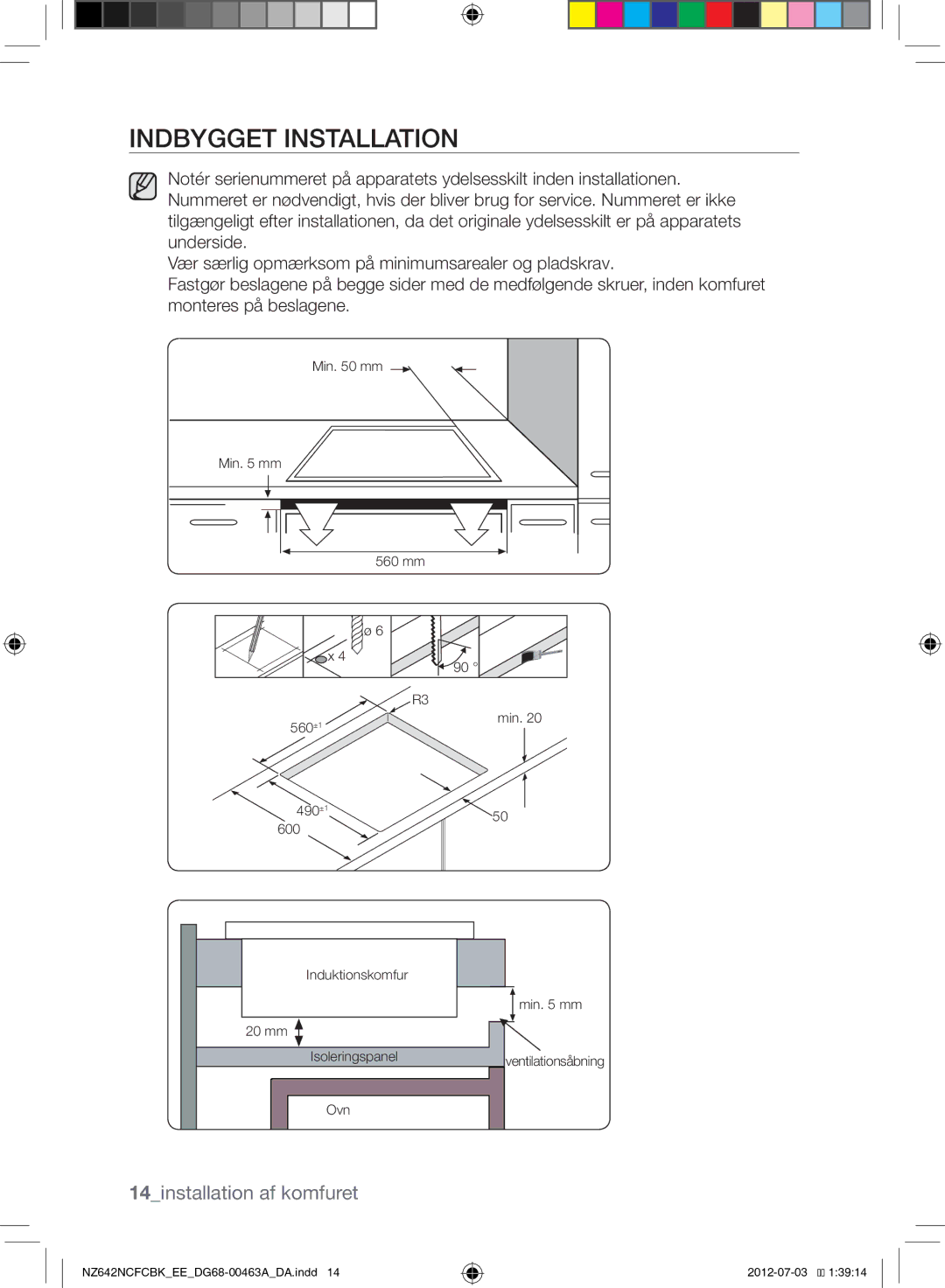 Samsung NZ642NCFCBK/EE manual Indbygget Installation, 14installation af komfuret 