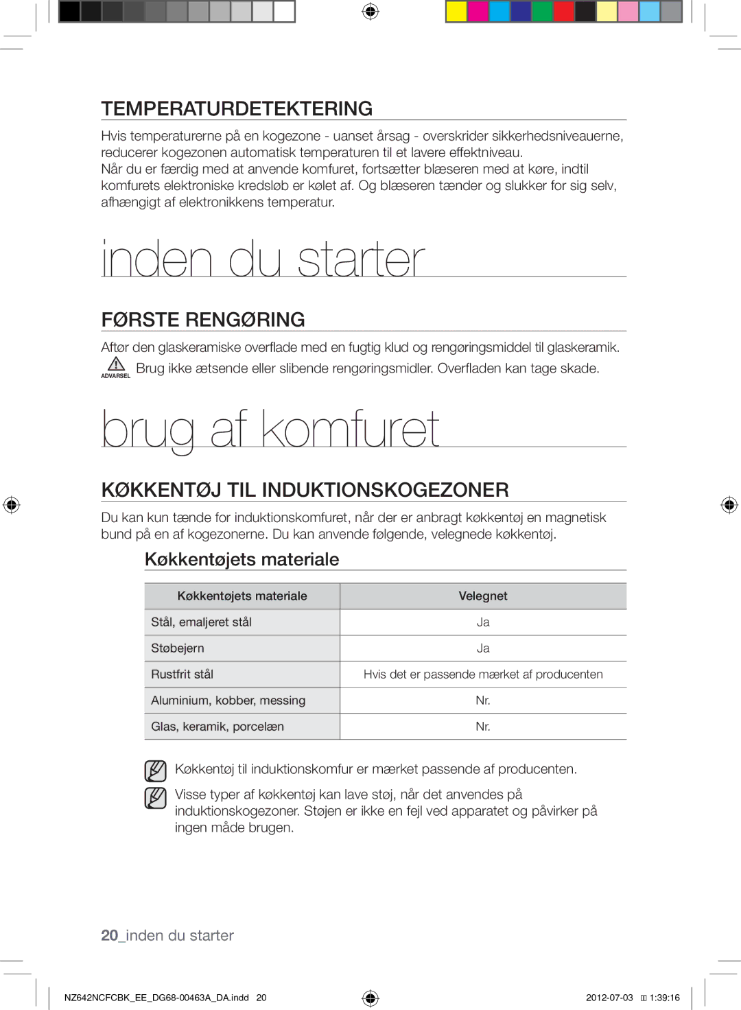 Samsung NZ642NCFCBK/EE manual Inden du starter, Brug af komfuret, Temperaturdetektering, Første Rengøring 