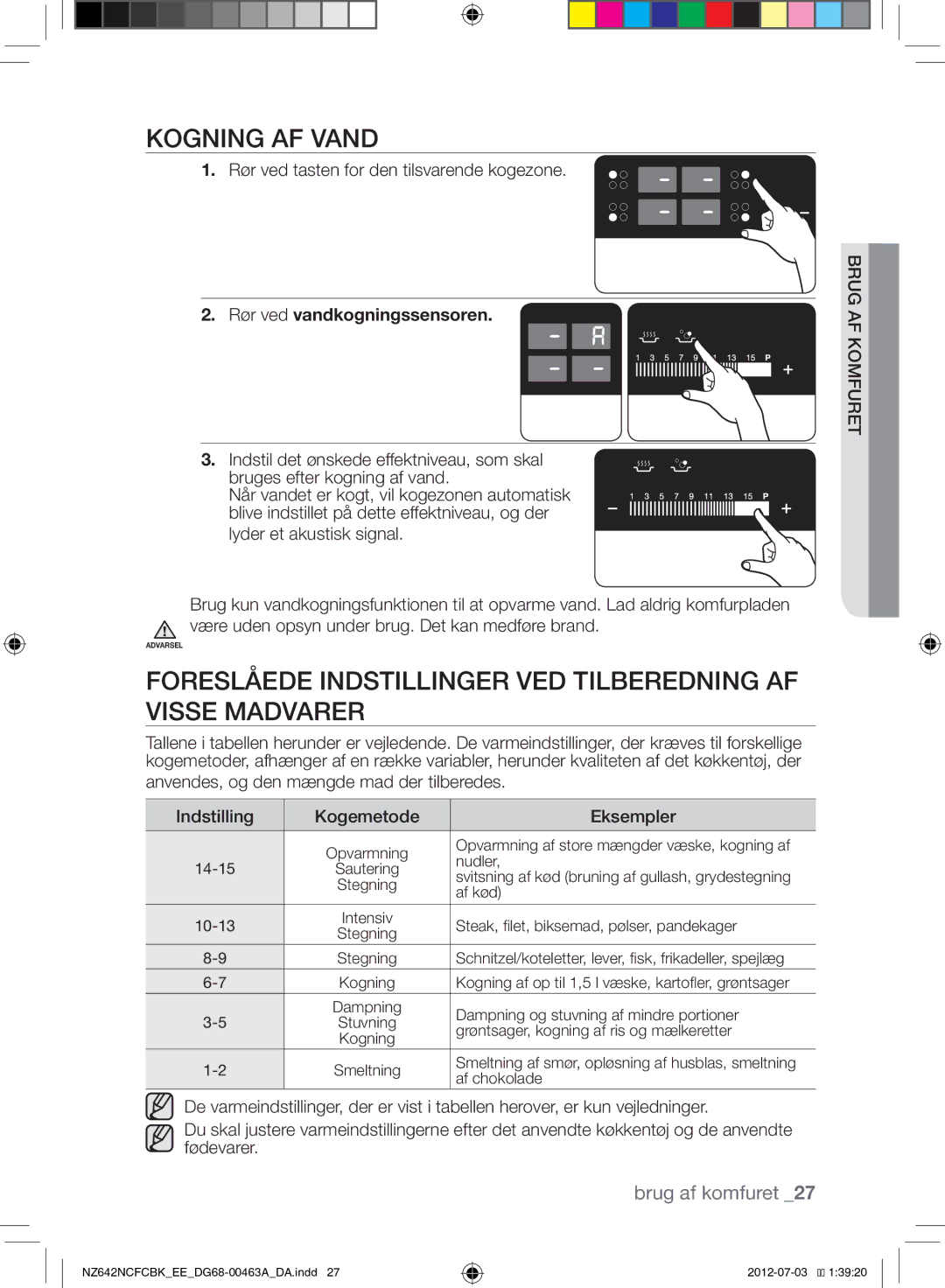 Samsung NZ642NCFCBK/EE manual Kogning AF Vand, Foreslåede Indstillinger VED Tilberedning AF Visse Madvarer 