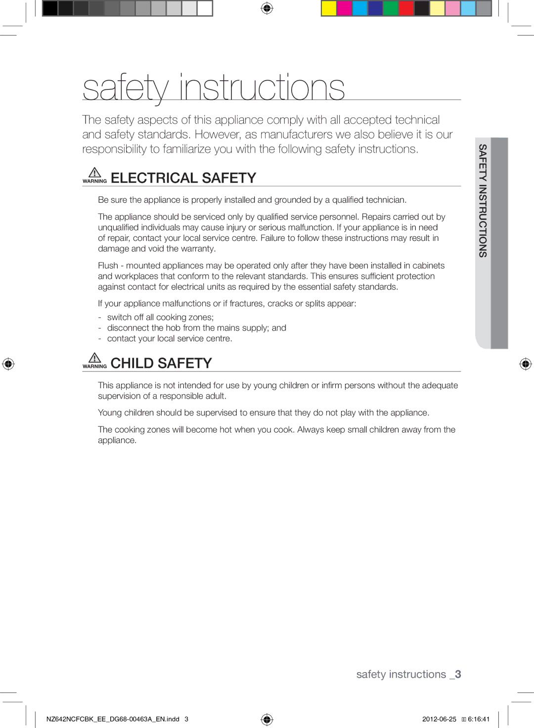 Samsung NZ642NCFCBK/EE manual Safety instructions, Instructionssafety 