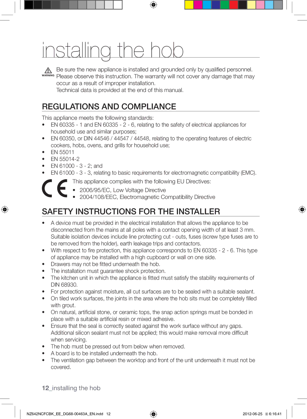 Samsung NZ642NCFCBK/EE manual Installing the hob, Regulations and Compliance, Safety Instructions for the Installer 