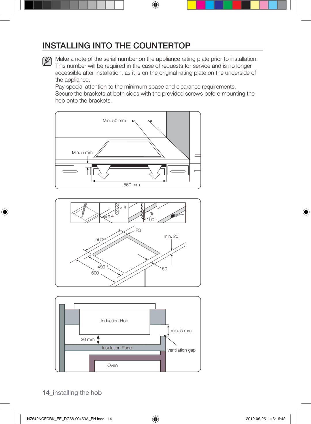 Samsung NZ642NCFCBK/EE manual Installing Into the Countertop, 14installing the hob 