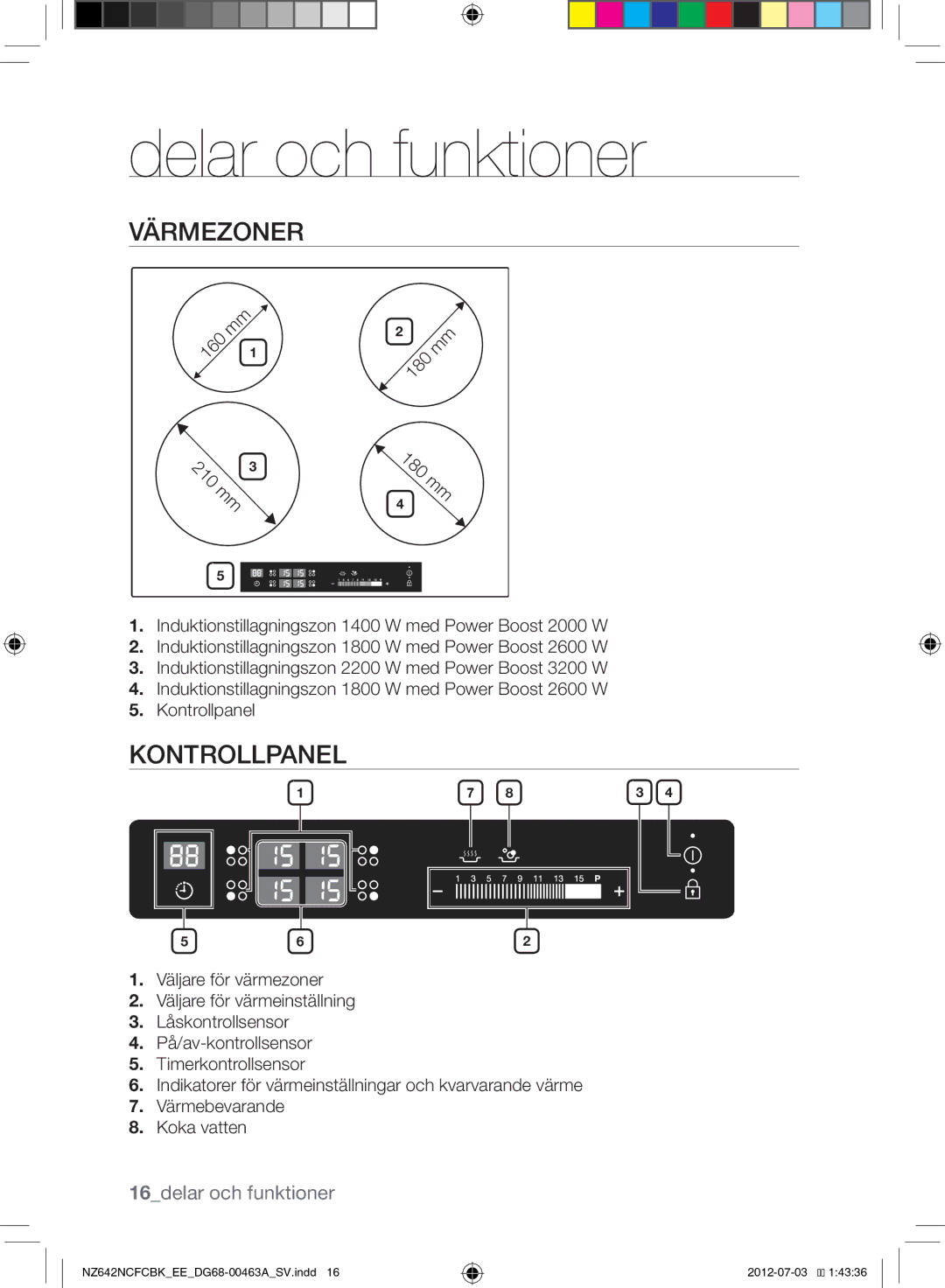 Samsung NZ642NCFCBK/EE manual Delar och funktioner, Värmezoner, Kontrollpanel, 16delar och funktioner 