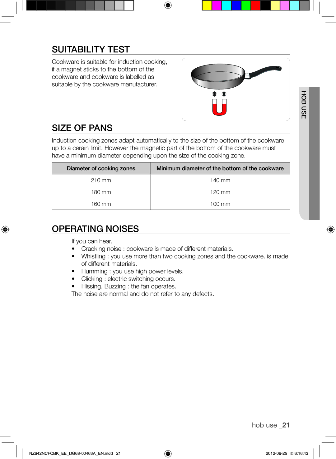 Samsung NZ642NCFCBK/EE manual Suitability Test, Size of Pans, Operating Noises, Hob use, Use hob 