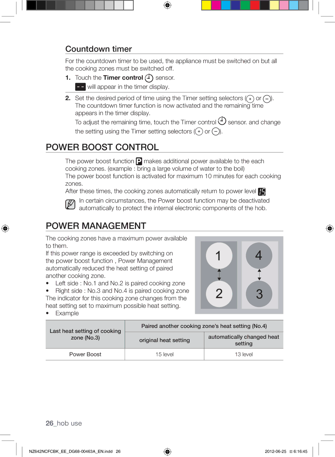 Samsung NZ642NCFCBK/EE manual Power Boost Control, Power Management, Countdown timer, 26hob use, Example 