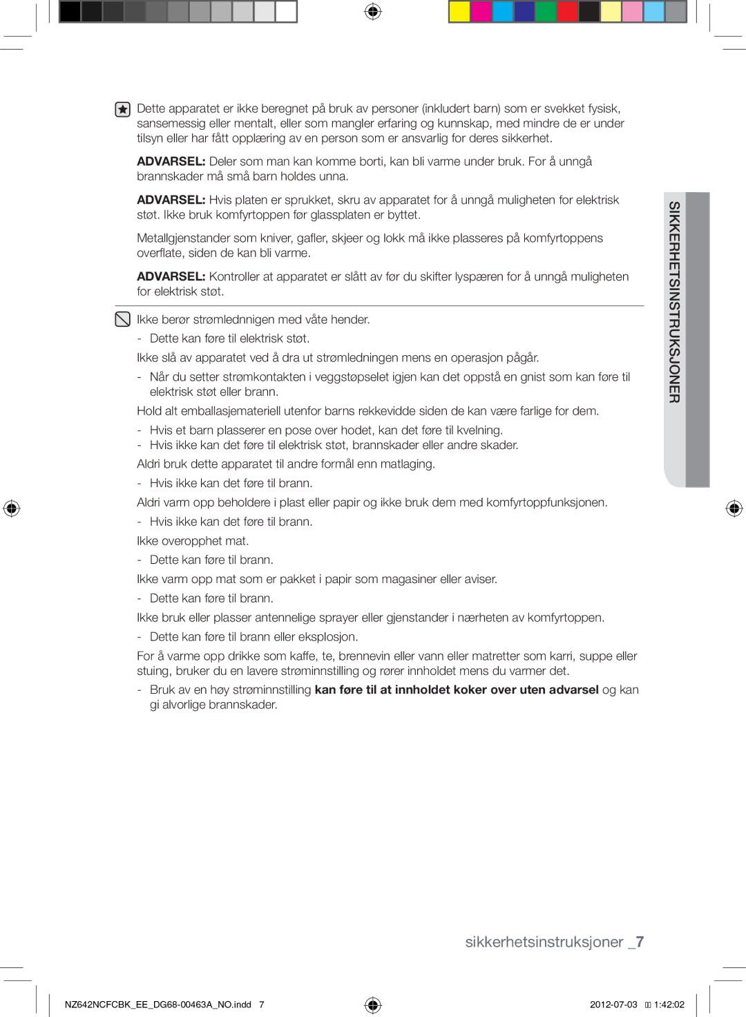 Samsung NZ642NCFCBK/EE manual Sikkerhetsinstruksjoner 