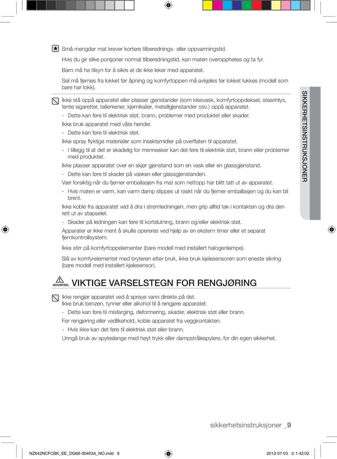 Samsung NZ642NCFCBK/EE manual Sikkerhetsinstruksjoner 