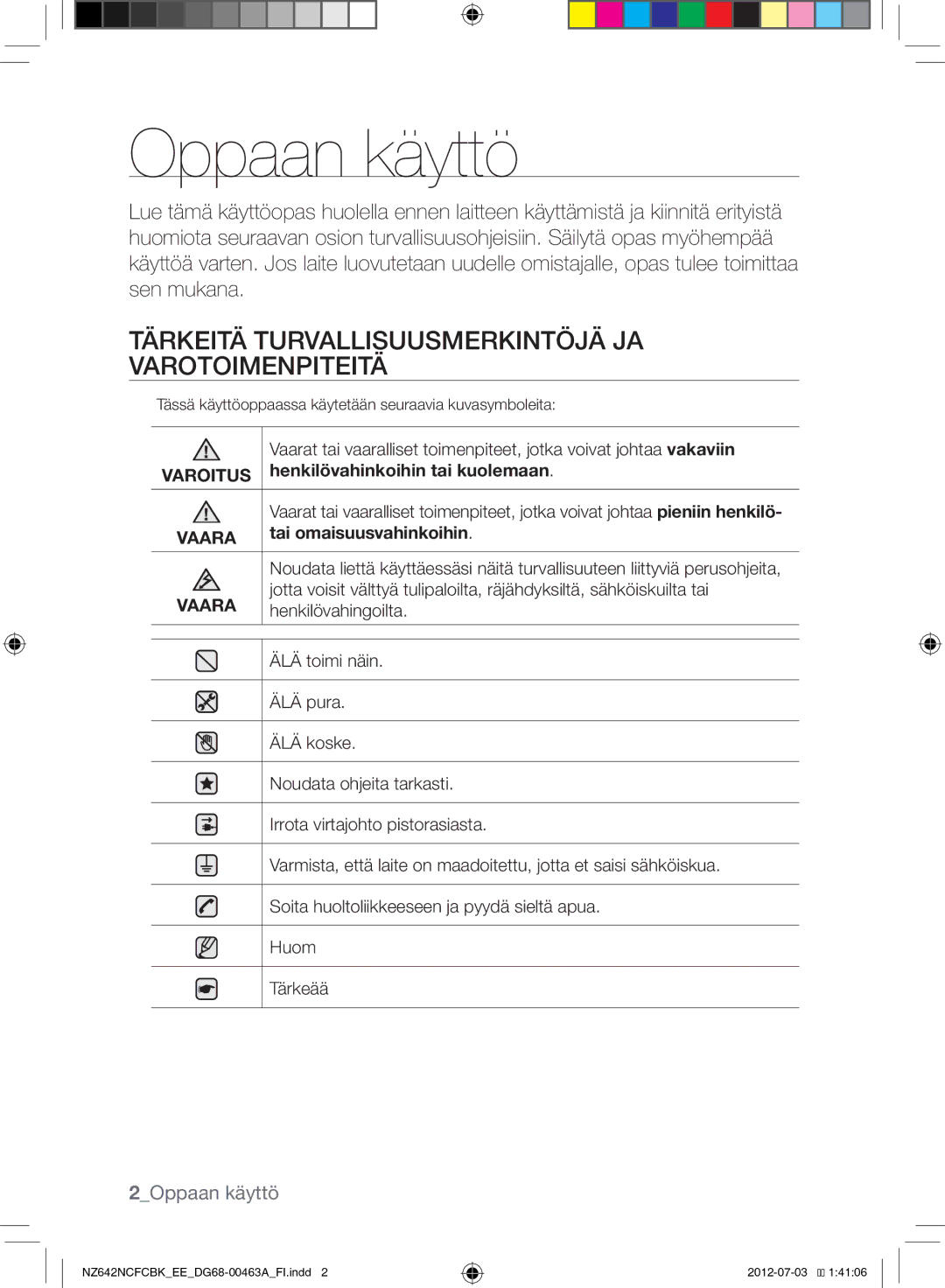 Samsung NZ642NCFCBK/EE manual Tärkeitä Turvallisuusmerkintöjä JA Varotoimenpiteitä, 2Oppaan käyttö 