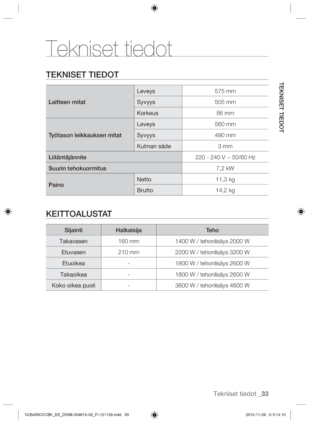 Samsung NZ643NCNCBK/EE, NZ643NCKCBK/EE manual Tekniset tiedot, Keittoalustat 