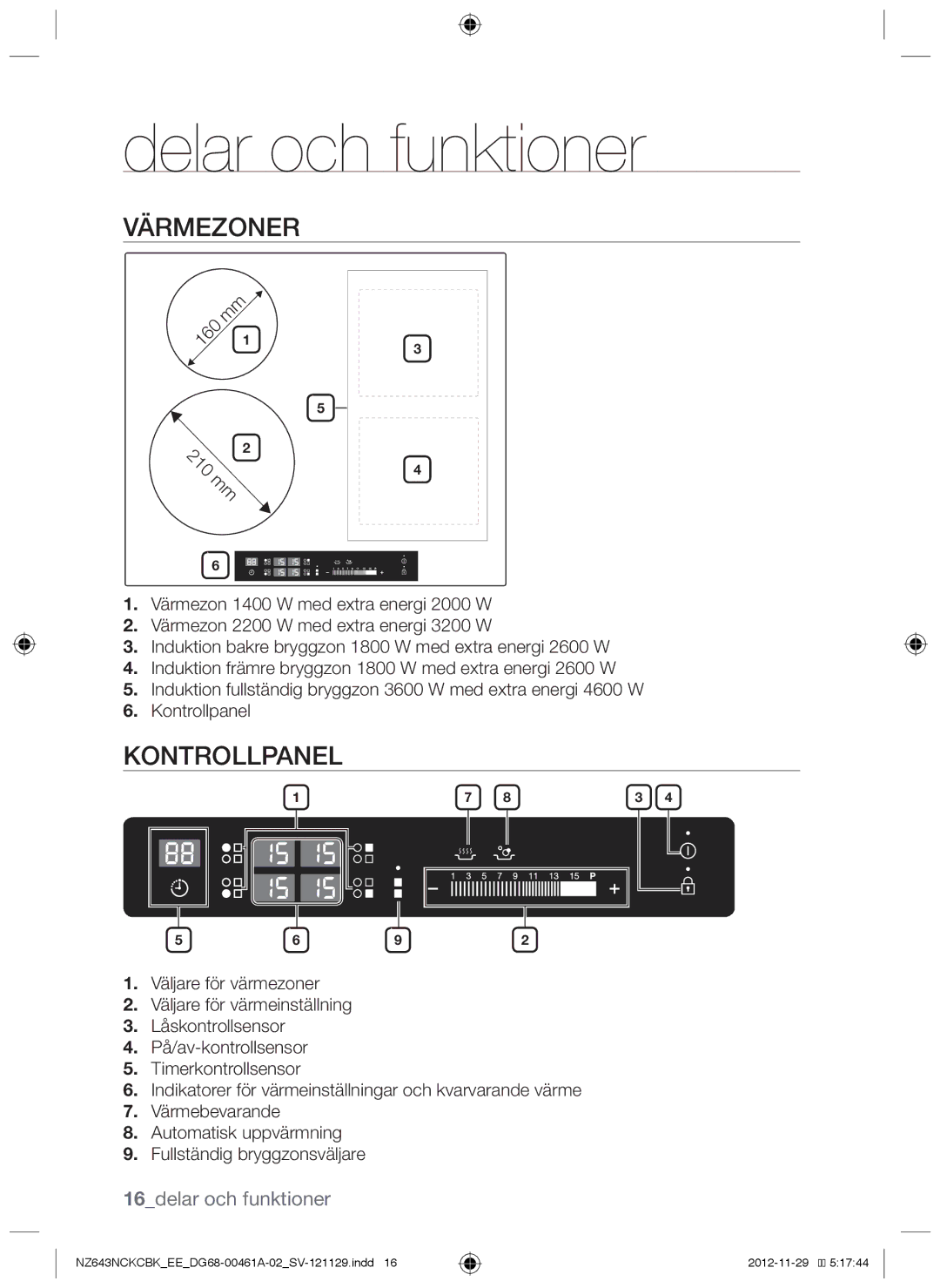 Samsung NZ643NCKCBK/EE, NZ643NCNCBK/EE manual Delar och funktioner, Värmezoner, Kontrollpanel, 16delar och funktioner 