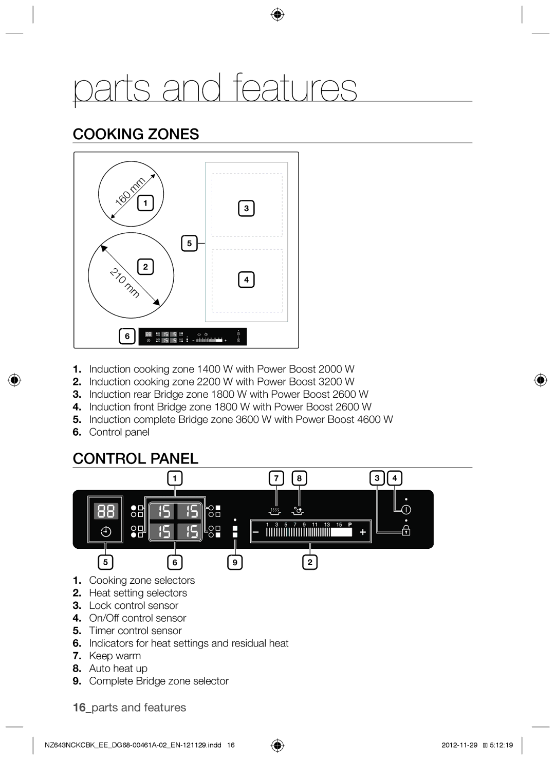 Samsung NZ643NCKCBK/EE, NZ643NCNCBK/EE manual Parts and features, Cooking zones, Control panel, 16parts and features 