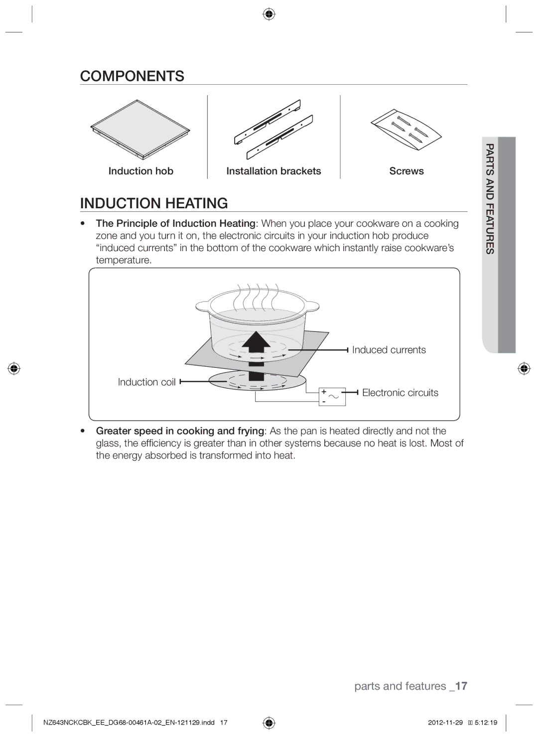 Samsung NZ643NCNCBK/EE manual Components, Induction heating, Parts and features, Induction hob Installation brackets 