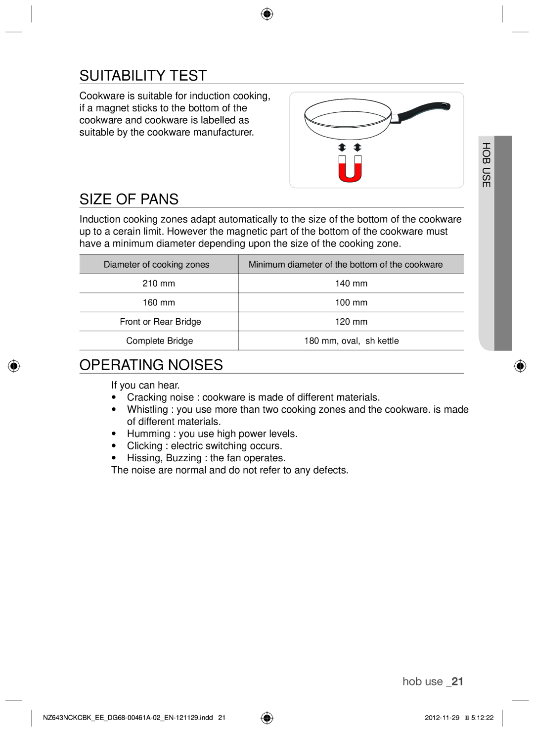 Samsung NZ643NCNCBK/EE, NZ643NCKCBK/EE manual Suitability test, Size of pans, Operating noises, Hob use, Es hob u 