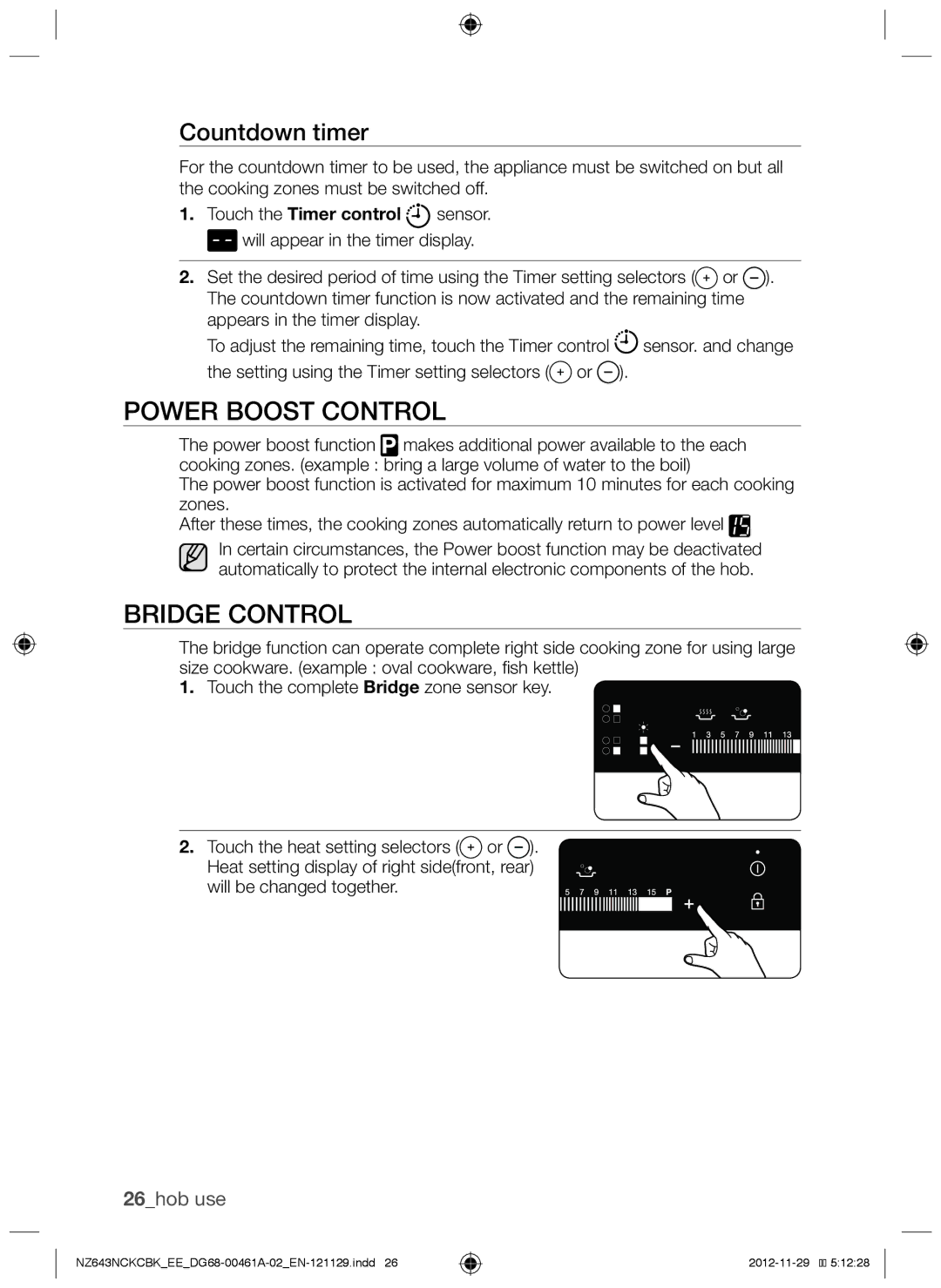 Samsung NZ643NCKCBK/EE, NZ643NCNCBK/EE manual Power boost control, Bridge control, Countdown timer, 26hob use 