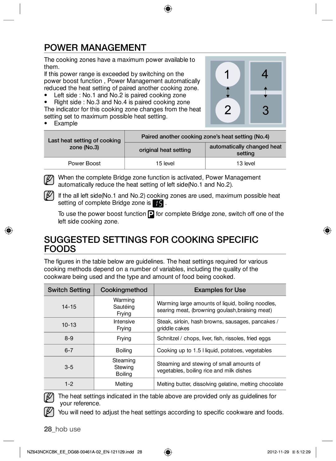 Samsung NZ643NCKCBK/EE, NZ643NCNCBK/EE manual Power Management, Suggested settings for cooking specific foods, 28hob use 